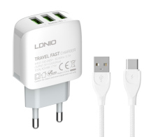 LDNIO φορτιστής τοίχου A3312 με καλώδιο USB-C 3x USB 17W λευκός