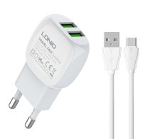 LDNIO φορτιστής τοίχου A2218 με καλώδιο USB-C 2x USB 12W λευκός