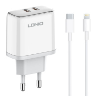 LDNIO φορτιστής τοίχου A2528M με καλώδιο 2x USB-C 35W MFi λευκό