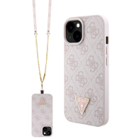 Guess Strass Triangle Metal Logo Back Cover Πλαστικό με Λουράκι Ροζ (iPhone 15)