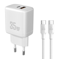 POWERTECH φορτιστής τοίχου PT-1179 καλώδιο USB/USB-C 35W GaN λευκός