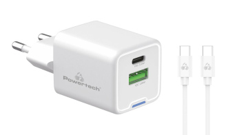 POWERTECH φορτιστής τοίχου PT-1224 καλώδιο USB/USB-C 33W GaN λευκός