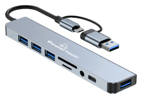 POWERTECH USB hub PTR-0151 με card reader 8 θυρών USB & USB-C γκρι