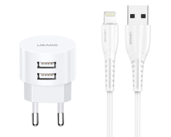 USAMS φορτιστής τοίχου T20 & καλώδιο Lightning 2x USB 2.1A λευκός