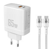 POWERTECH φορτιστής τοίχου PT-1182 καλώδιο USB/USB-C 65W GaN λευκός