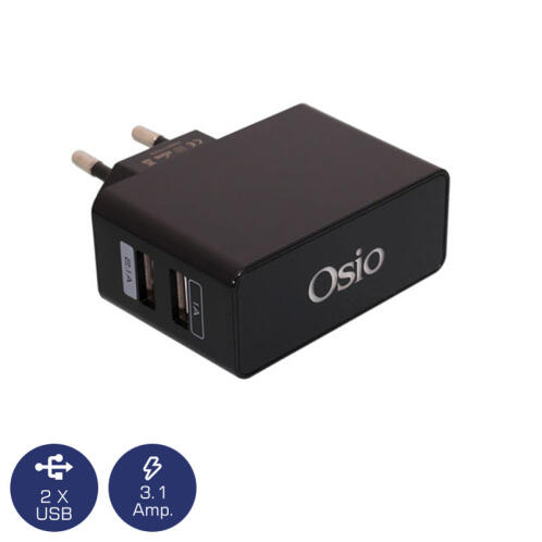 Osio OTU-385B Μαύρο Διπλός φορτιστής ρεύματος με 2 USB και LED 5 V 1000 / 2100 mA