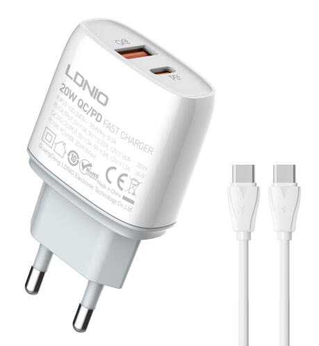 LDNIO φορτιστής τοίχου Q229 με καλώδιο USB & USB-C 20W PD λευκός