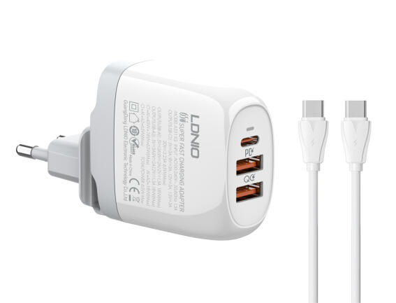 LDNIO φορτιστής τοίχου A3511Q με καλώδιο USB-C/2x USB 65W GaN λευκός