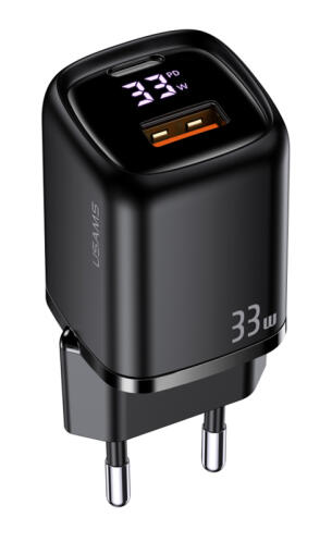 USAMS φορτιστής τοίχου CC152 με οθόνη USB-C & USB PD & QC 33W μαύρος