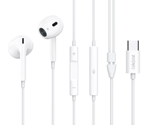 CELEBRAT earphones με μικρόφωνο E400 USB-C σύνδεση Φ14mm 1.2m λευκά