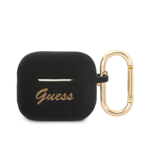 Guess Vintage Script Θήκη Σιλικόνης με Γάντζο Black / Gold Logo για Apple AirPods 3