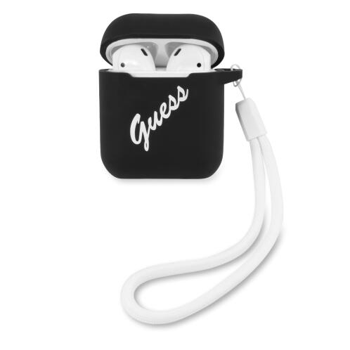 Guess Vintage Script White Logo Θήκη προστασίας από σιλικόνη για Apple Airpods 1/2 (Μαύρη/Λευκή)