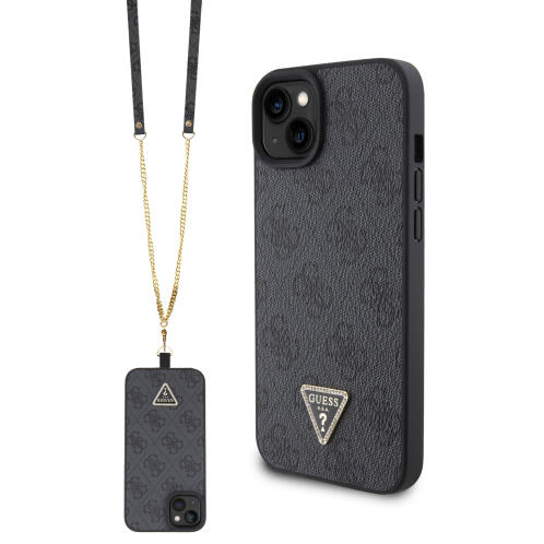 Guess Strass Triangle Metal Logo Back Cover Πλαστικό με Λουράκι Μαύρο (iPhone 15)