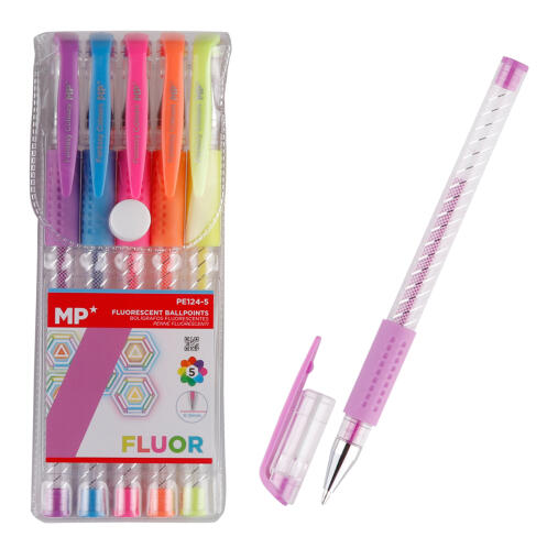 MP σετ στυλό fluorescent ballpoint PE124-5 0.9mm πολύχρωμα 5τμχ