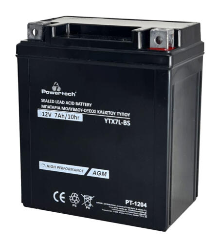 POWERTECH μπαταρία μολύβδου μοτοσυκλέτας PT-1204 12V 7Ah AGM YTX7L-BS