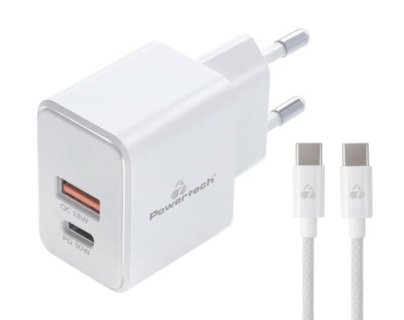 POWERTECH φορτιστής τοίχου PT-1249 καλώδιο USB/USB-C 30W GaN λευκός