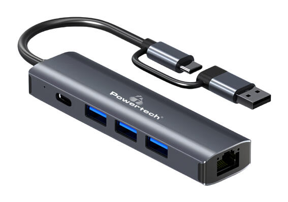 POWERTECH USB hub PTR-0150 με θύρα δικτύου 4 θυρών USB & USB-C γκρι